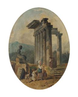 Hubert Robert - Une mère et ses enfants dans un paysage de ruines