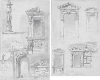 Hubert Robert - Une porte monumentale avec des études d\'autel et de fontaine; et Etudes de fenêtres et d\'une porte