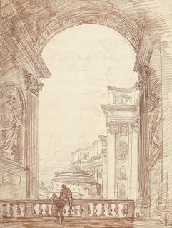 Hubert Robert - View from the southern vestibule of Maderno\'s portico of St Peter\'s, looking west, showing Michelangelo\'s architecture and the Old Sacristy