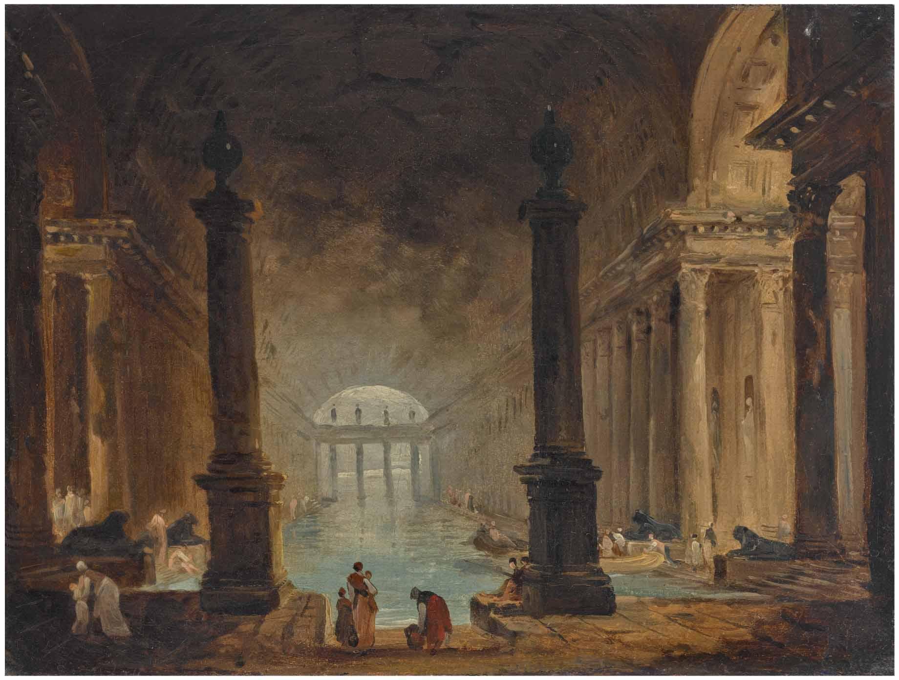 Hubert Robert - View Of A Roman Bath With Figures In The Foreground