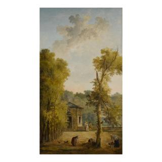 Hubert Robert - View of a walled garden courtyard, with a woman feeding chickens and other figures in the foreground