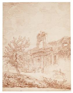 Hubert Robert - Vignola\'s Gate to the Farnese Gardens, Rome, with a coach and horses