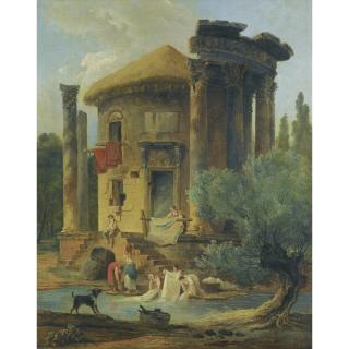 Hubert Robert - Washerwomen At The Edge Of A River, Beneath A Ruined Circular Temple