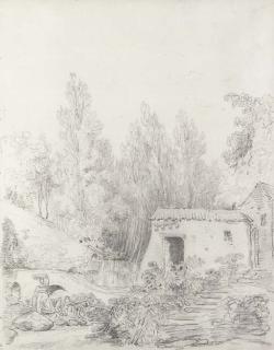 Hubert Robert - Washerwomen in a stream by a rustic cottage