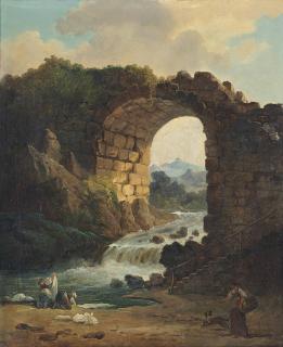 Hubert Robert - Washerwomen on a shore before a ruined aqueduct, a mountainous landscape beyond