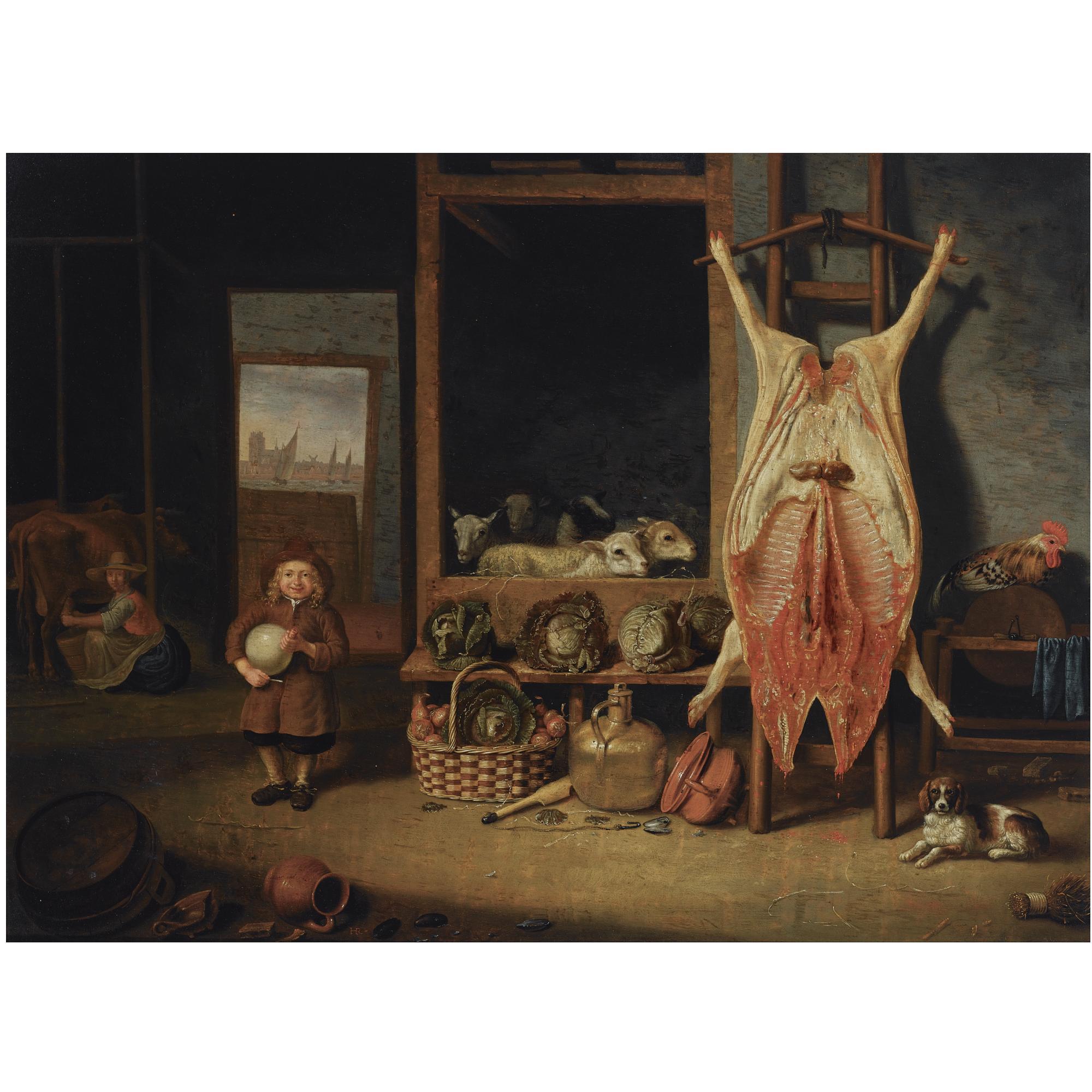 Hubert Van Ravesteyn - A Barn Interior With A Slaughtered Pig, A Young Boy Playing With A Pig\'S Bladder, Sheep, A Cockerel And A Dog, Vegetables On A Wooden Ledge, A Maid Milking Cows, A View Of Dordrecht Beyond