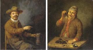 Hubert van Ravesteyn - A man in an interior drinking beer; and A peasant in an interior eating mussels