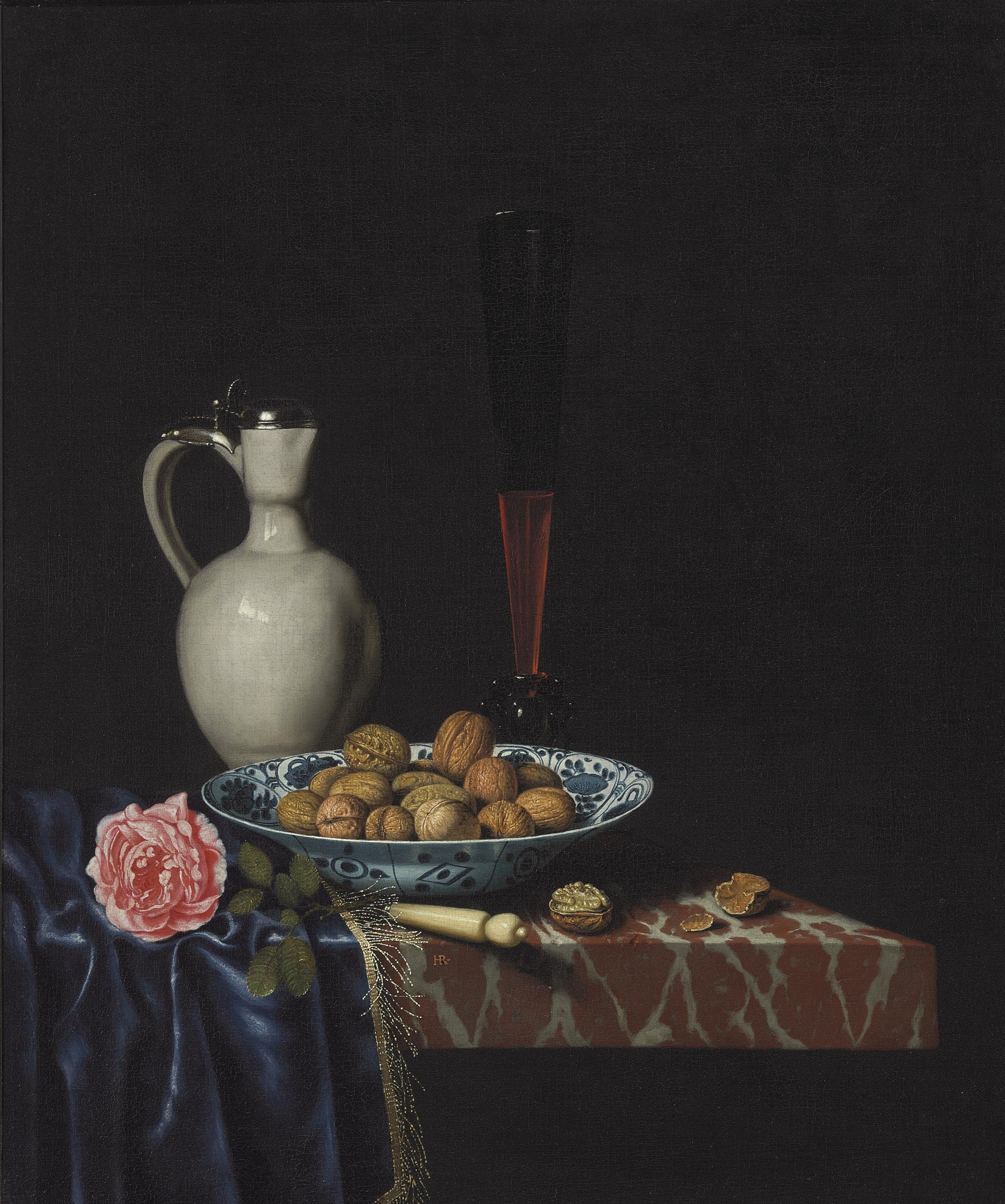Hubert van Ravesteyn - A Wan-Li Bowl With Walnuts, A Façon De Venise Wine Glass, An Ivory-Handled Knife, A Delft Stoneware Jug And A Rose On A Partially Draped Marble Ledge
