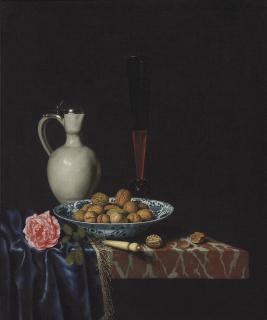 Hubert van Ravesteyn - A Wan-Li Bowl With Walnuts, A Façon De Venise Wine Glass, An Ivory-Handled Knife, A Delft Stoneware Jug And A Rose On A Partially Draped Marble Ledge