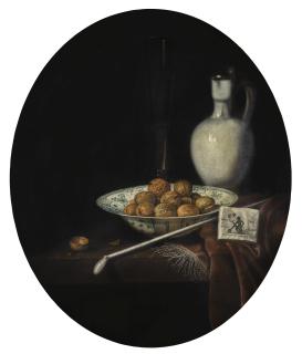 Hubert Van Ravesteyn - Still Life Of Walnuts In A Wan-Li Porcelain Bowl, A Glazed Earthenware Jug, And A Pipe And Smoking Materials On A Partly Draped Table