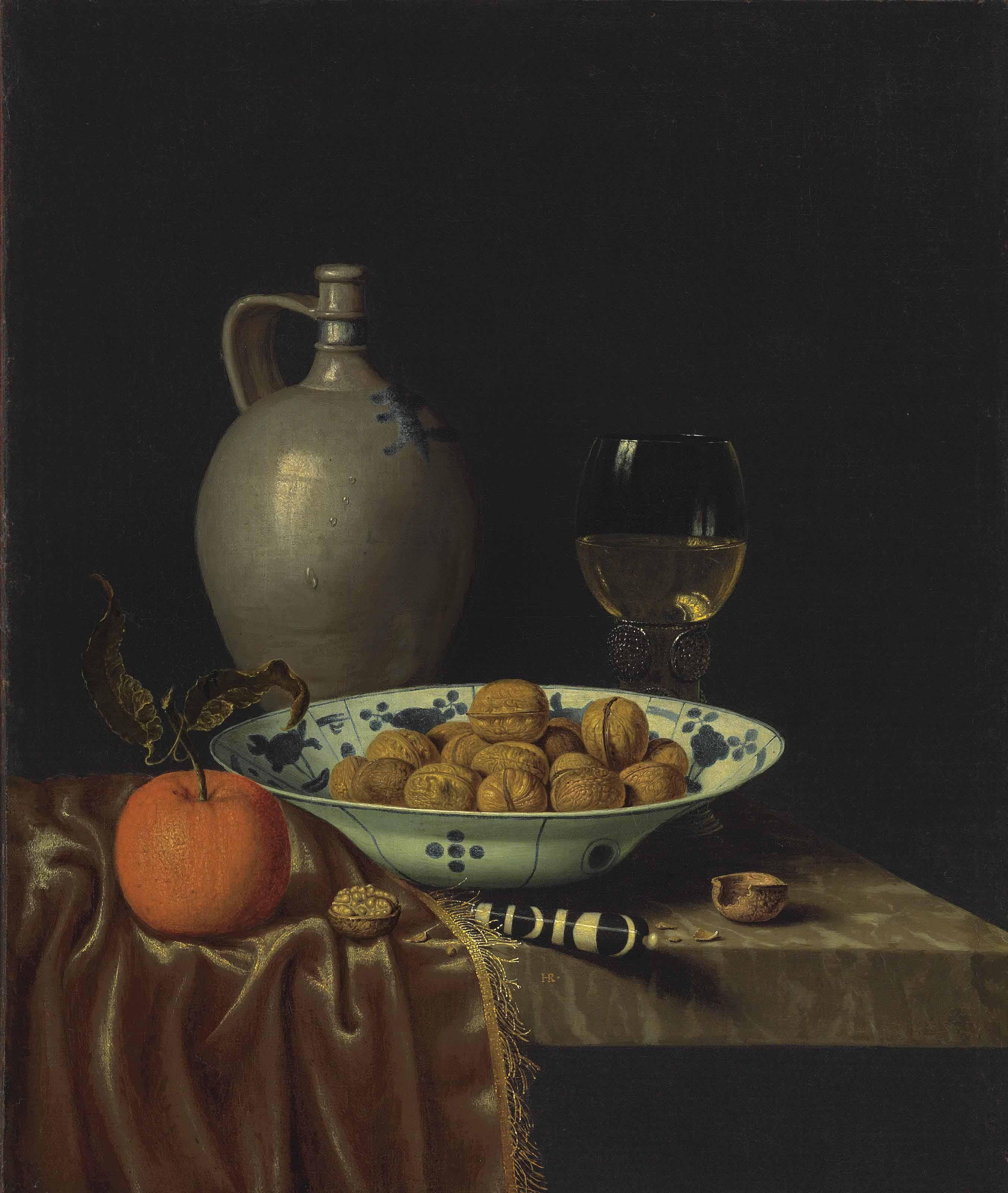 Hubert Van Ravesteyn - Walnuts In A Wan-Li Porcelain Bowl, A Stoneware Jug, An Orange, A Knife With An Ebony And Ivory Handle And A Roemer, On A Partially Draped Ledge
