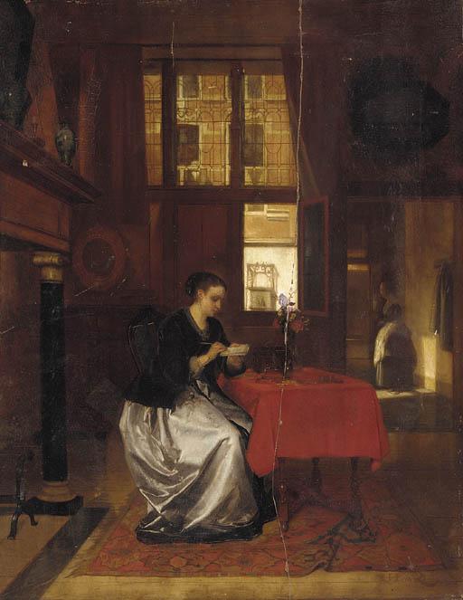 Hubertus Van Hove - A lady writing in a Dutch interior