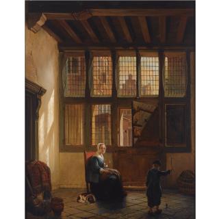 Hubertus van Hove - Mother And Child Playing Top In An Interior