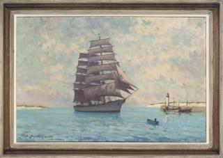 Hugh Boycott Brown - A Square Rigger Off The Coast With A Lighthouse Beyond; And A Merchant Barque Anchored Off A Lighthouse