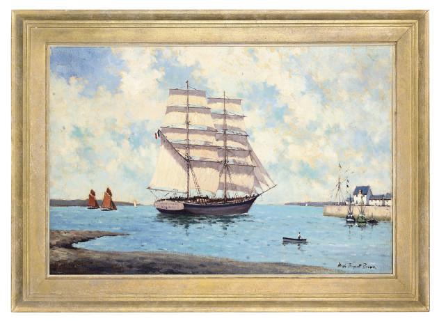 Hugh Boycott Brown - Square-rigger, evening light; and A brig leaving the harbour