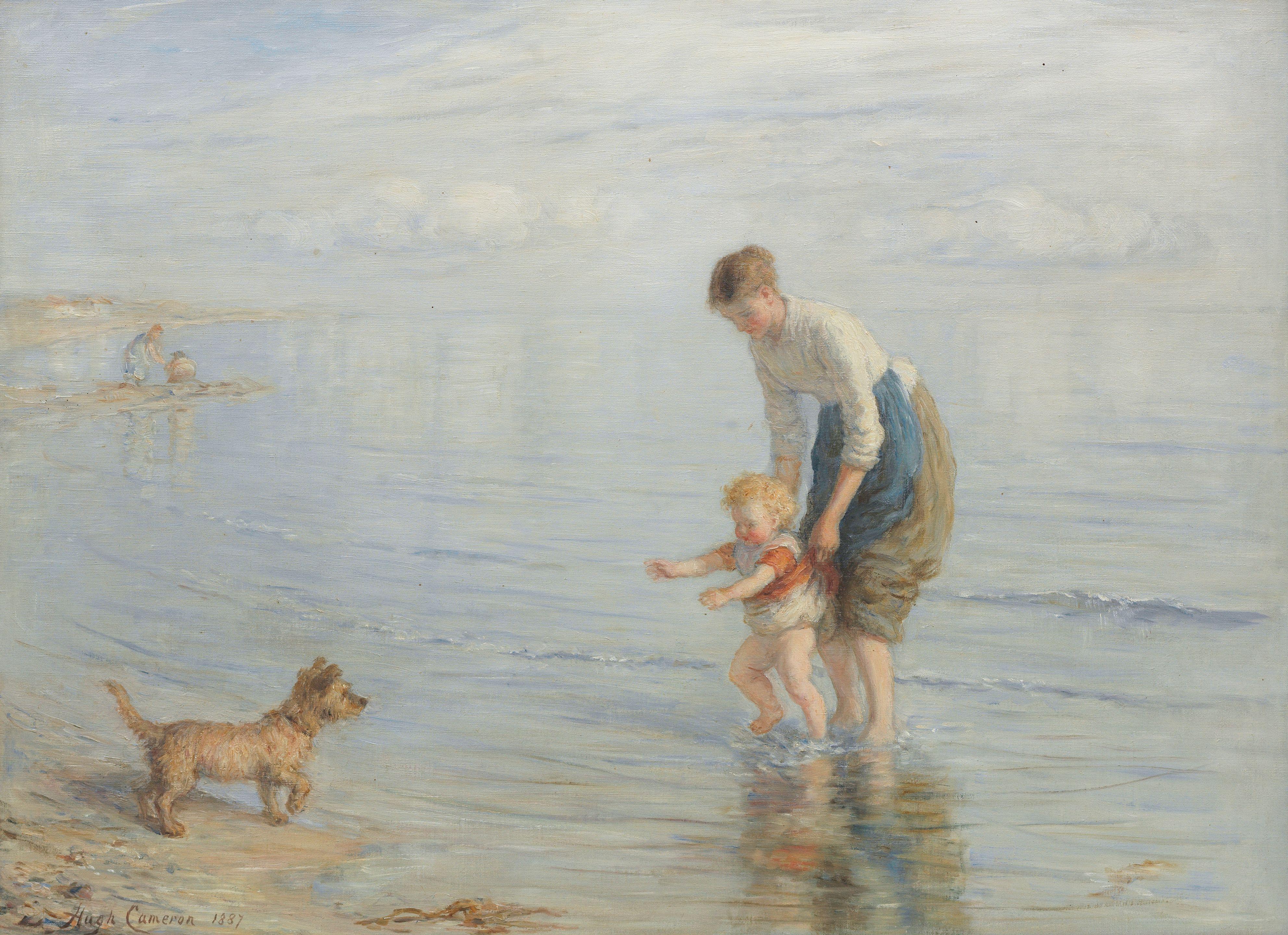 Hugh Cameron, RSA RSW ROI - Mother, child and dog in the shallows