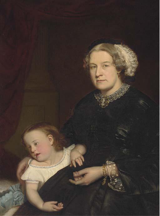 Hugh Collins - Portrait of a mother and child, seated three-quarter-length, the mother in a black dress with lace trimming, her daughter by her side