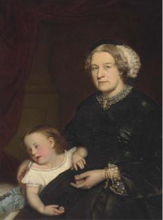 Hugh Collins - Portrait of a mother and child, seated three-quarter-length, the mother in a black dress with lace trimming, her daughter by her side