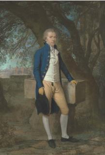 Hugh Douglas Hamilton, R.H.A. - Full-Length Portrait of A Gentleman In A Blue Coat, With Tan Breeches, His Left Arm Resting On A Water Trough, View of The Basilica Maxentius Beyond