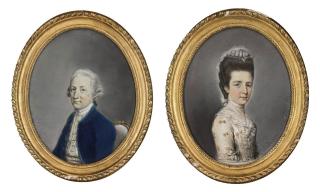 Hugh Douglas Hamilton, R.H.A. - Portrait of a lady, half-length, in a floral dress with a lace headdress; and Portrait of a gentleman, half-length, in a blue coat and pale yellow waistcoat