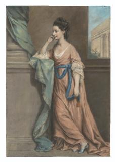 Hugh Douglas Hamilton, R.H.A. - Portrait of a lady, small full-length, in a pink robe tied with a blue sash, leaning against a classical pillar