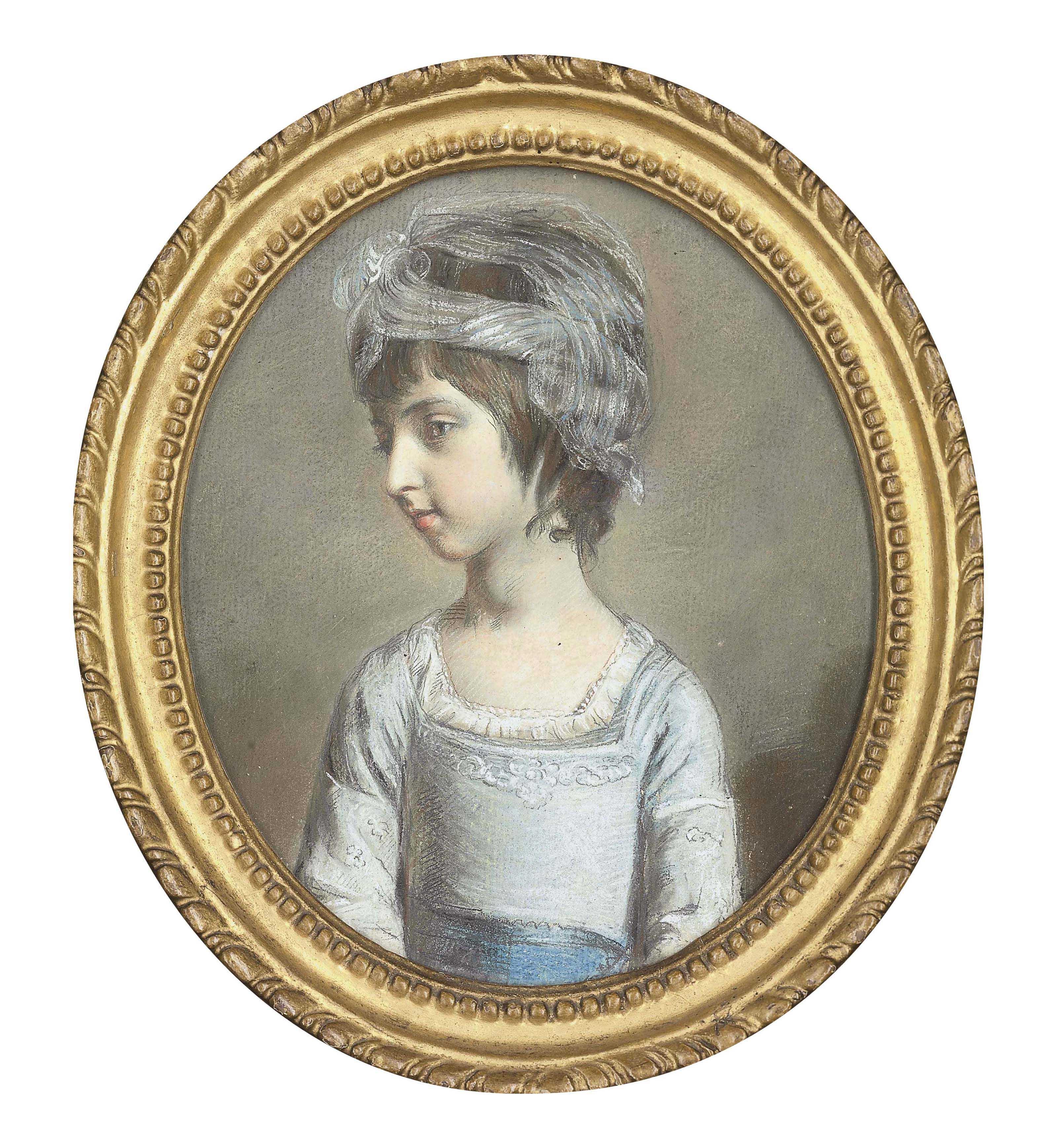 Hugh Douglas Hamilton, R.H.A. - Portrait of a young girl, half-length, in a blue dress trimmed with lace and silk headdress