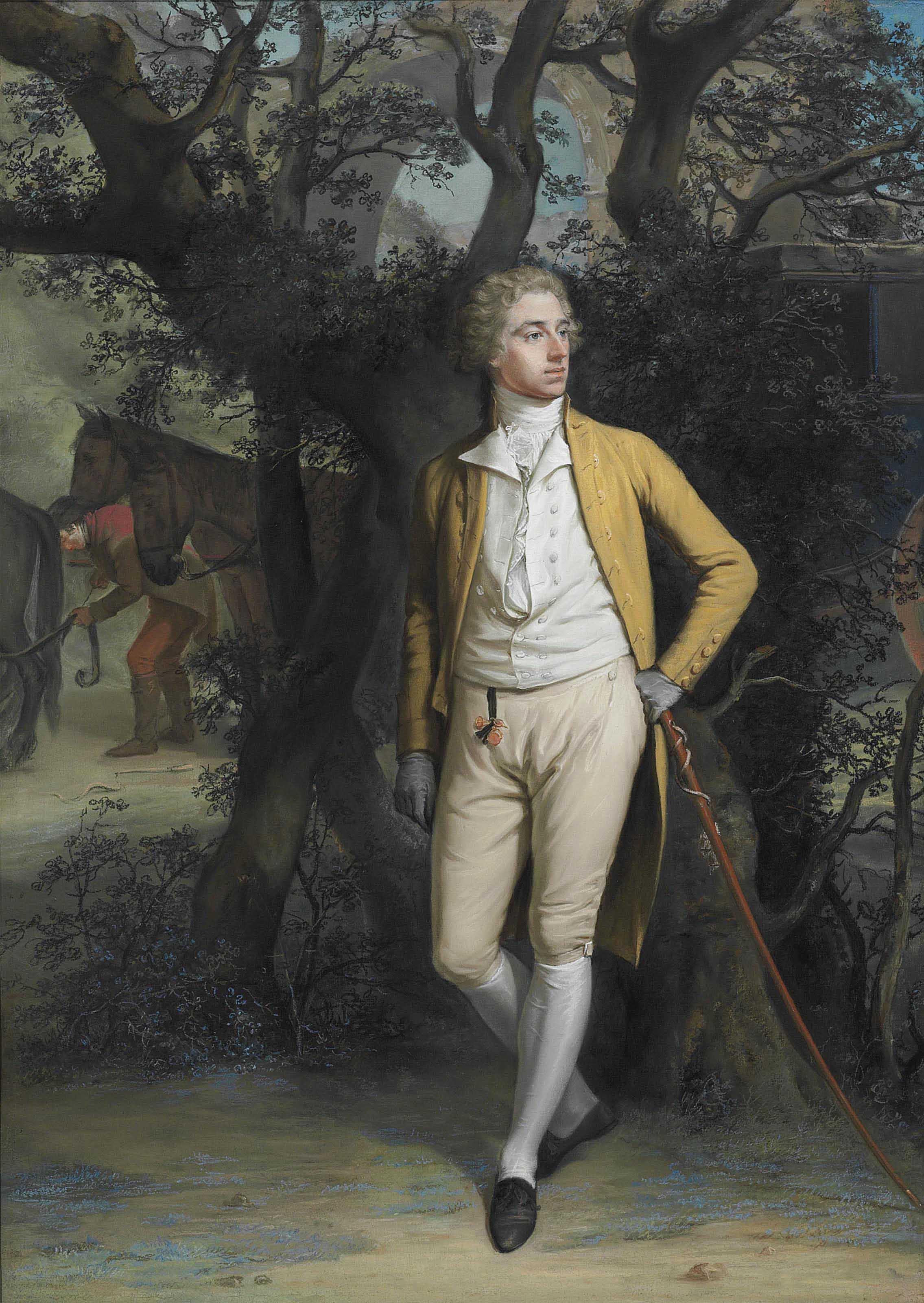 Hugh Douglas Hamilton, R.H.A. - Portrait of Arthur Hill, 2nd Marquess of Downshire (1753-1801), small full-length, in a yellow frock coat and breeches, his left arm resting on a cane, with a coach and four beyond, in a landscape