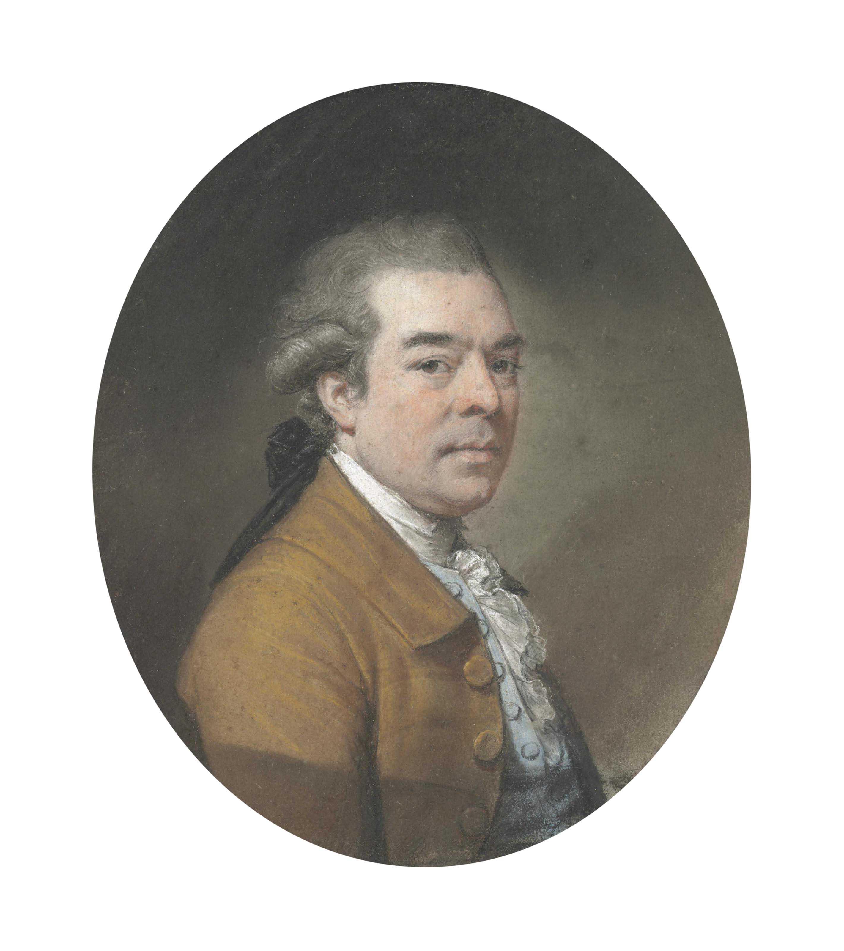 Hugh Douglas Hamilton, R.H.A. - Portrait of Christopher Norton  (circa  1740-1799) ,  small half-length, in a brown coat and blue waistcoat