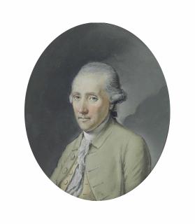 Hugh Douglas Hamilton, R.H.A. - Portrait of Edward Stanley, 11th Earl of Derby, small half-length, in a pale green coat and white stock