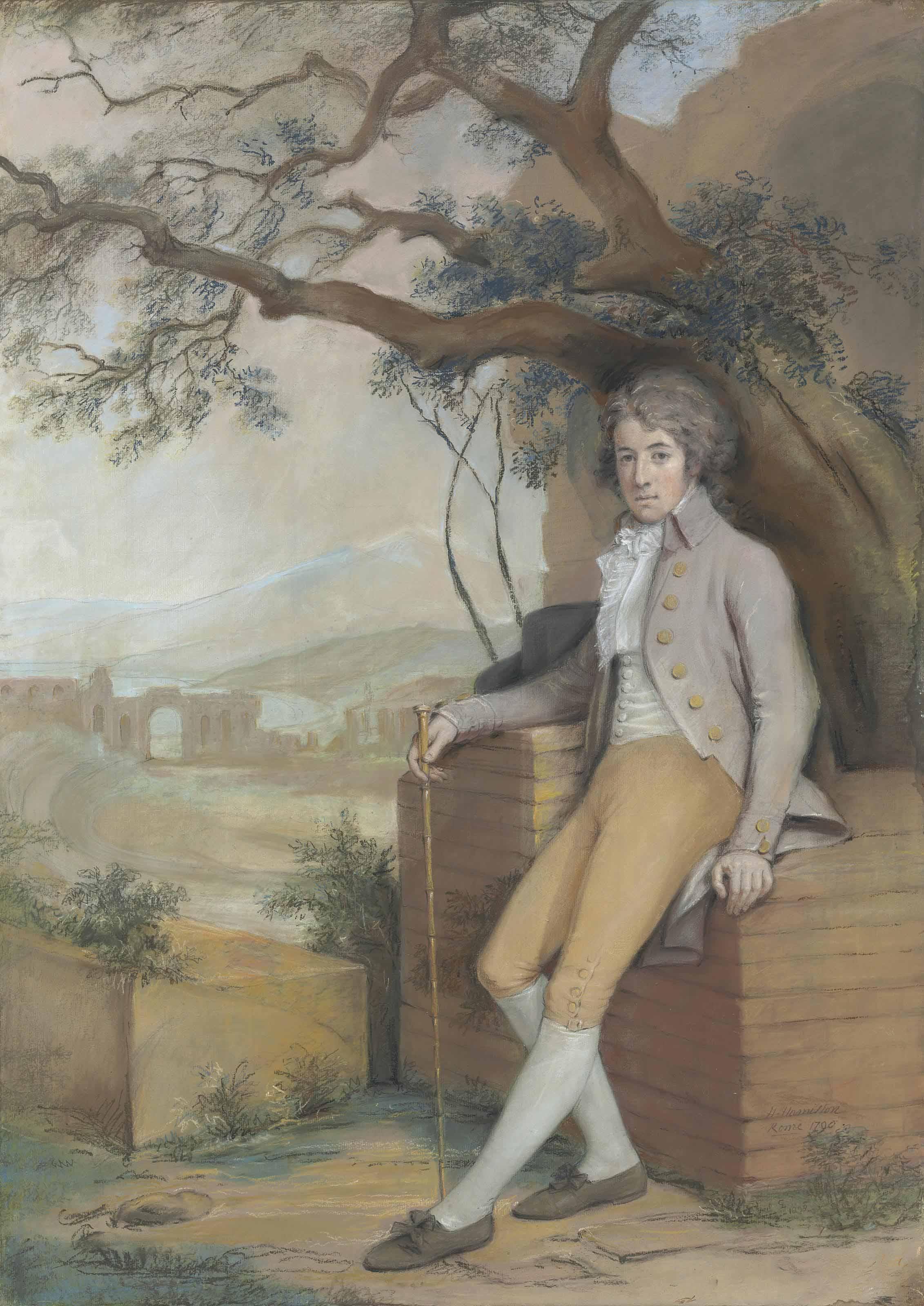 Hugh Douglas Hamilton, R.H.A. - Portrait of John David La Touche of Marlay, Dublin (1772–1830), full-length, in a taupe frock coat and jabot, with Taormina and Mount Etna beyond