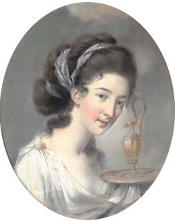 Hugh Douglas Hamilton, R.H.A. - Portrait of Lady Loft As Hebe, Goddess of Youth, Bust-Length, In White Classical Dress And Fillet, Holding A Ewer And Dish