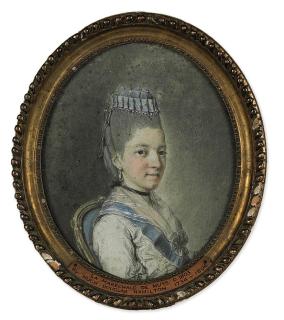 Hugh Douglas Hamilton, R.H.A. - Portrait of Madame Blanckart La Maréchale de Muys (d. 1803), head-and-shoulders, in a white dress with blue trim, and matching cap