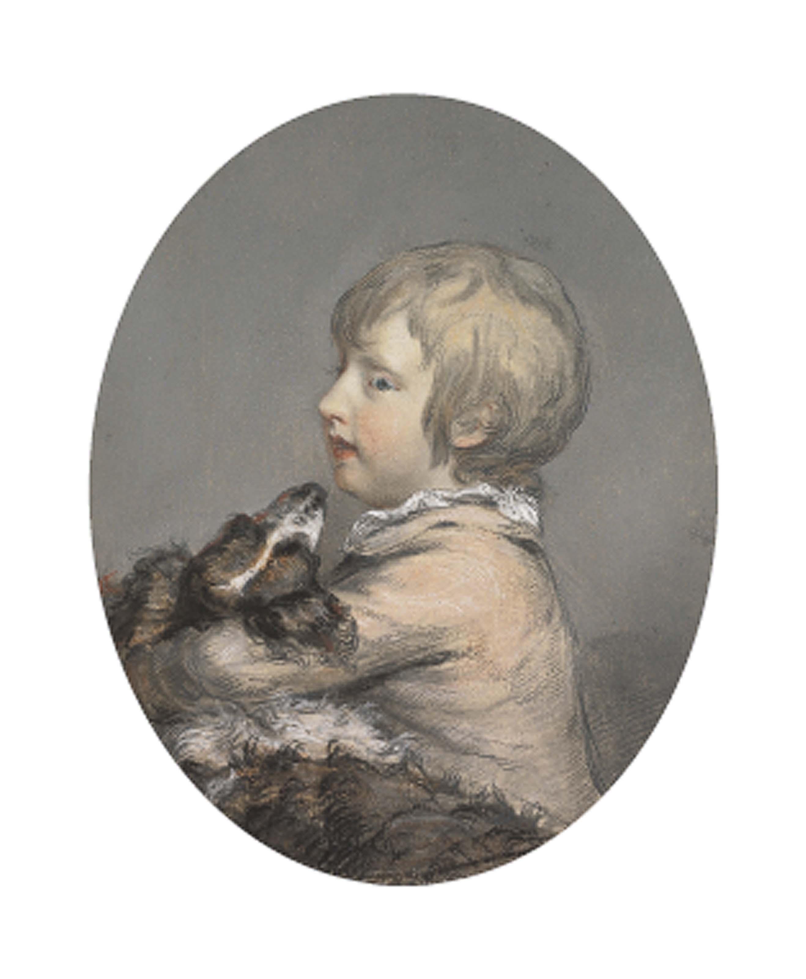 Hugh Douglas Hamilton, R.H.A. - Portrait of William Evelyn (circa 1768-1789) of St Clere, Kent, half-length, holding a spaniel