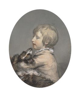 Hugh Douglas Hamilton, R.H.A. - Portrait of William Evelyn (circa 1768-1789) of St Clere, Kent, half-length, holding a spaniel