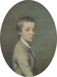 Hugh Douglas Hamilton - Portrait of a boy, half-length, in profile to the right, in green jacket (illustrated); and Portrait of a young girl, half-length, in profile to the right, in green jacket