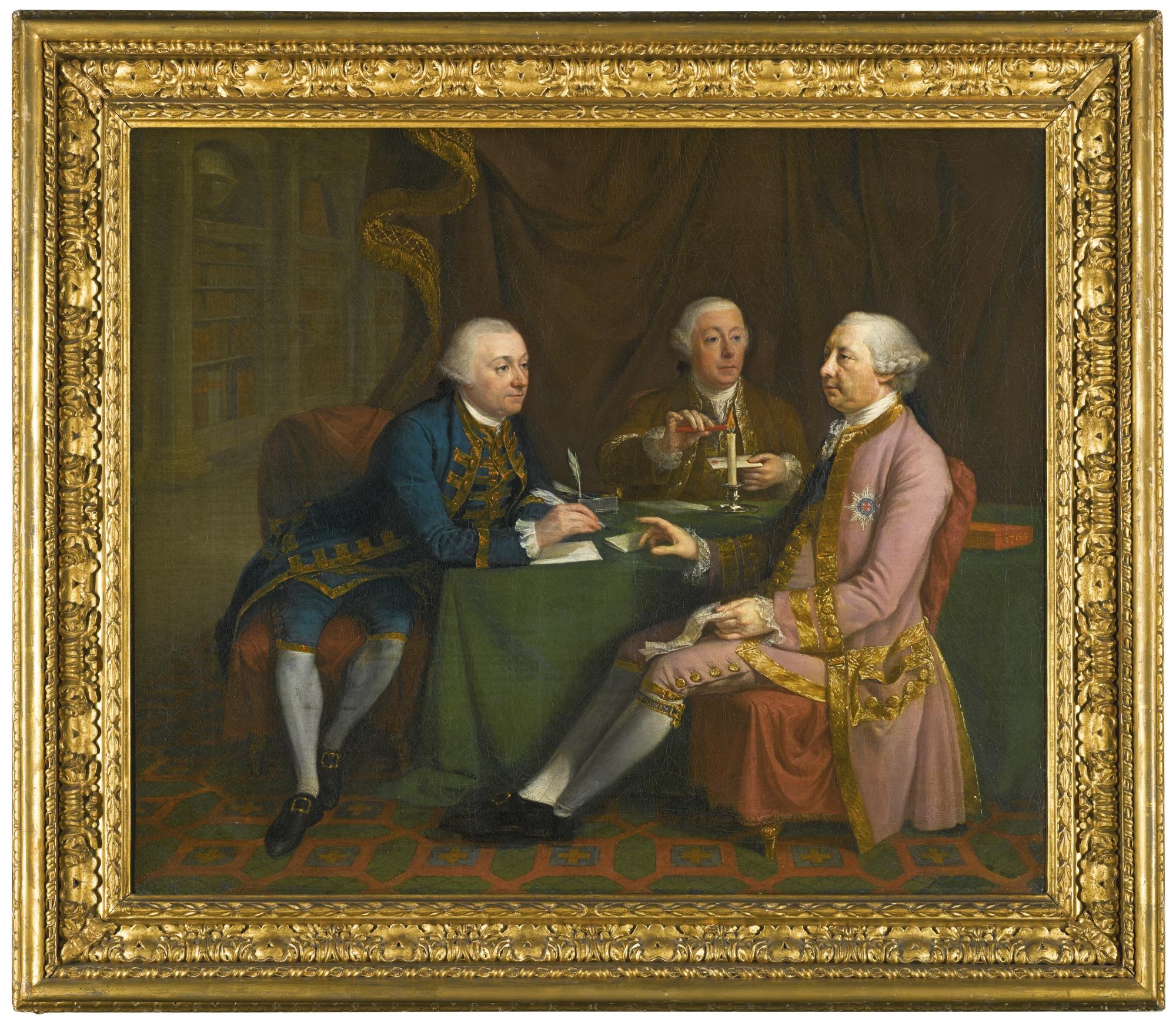 Hugh Douglas Hamilton - Portrait Of George Montagu Dunk, 2Nd Earl Of Halifax (1716-1771), With His Two Secretaries, Edward Sedgwick And Lovell Stanhope