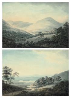 Hugh William Williams - Glen of Luss near Loch Lomond, Scotland: cottages in a mountainous landscape, with Beinn Chaorach and Beinn Eich in the distance; and Woman and child with a shepherd, a lake and a valley beyond
