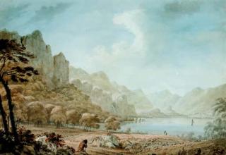 Hugh William Williams - View of Derwent Water with a traveller resting in the foreground