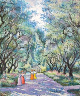 Hughes Claude Pissarro - L\'arrivée des modèles à la villa de Vallauris, le matin, dans l\'allée des Iris