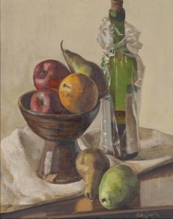 Hughie Lee-Smith - Still Life With Apples, Pears, Orange And Wine Bottle