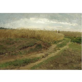 Hugo Darnaut - A Cornfield With Two Workers Walking Along A Path