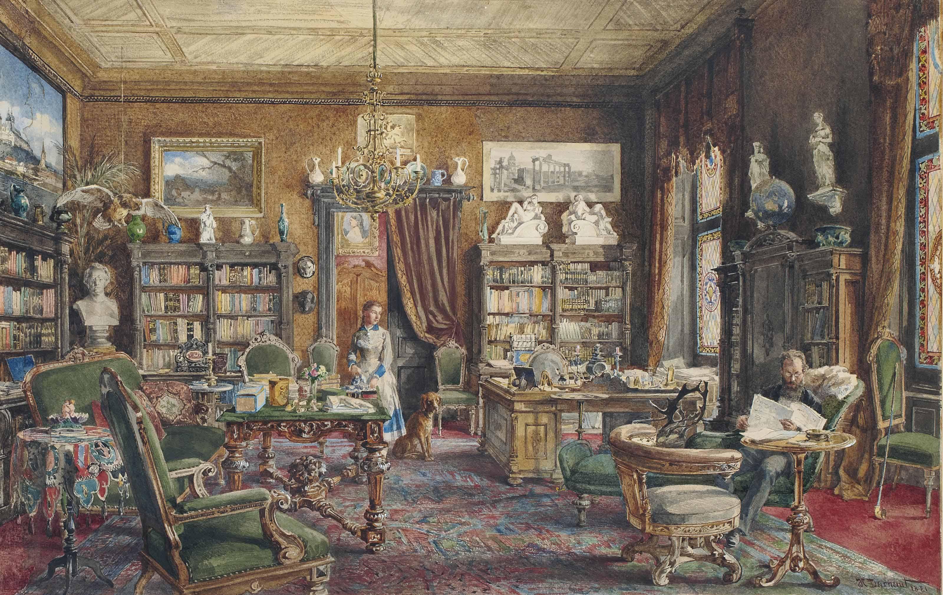 Hugo Darnaut - A Gentleman And A Maidservant In An Interior Of A Library, Possibly Austrian