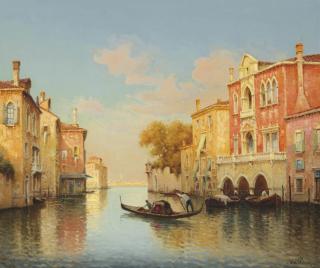 Hugo Golli - Gondoliers on a Venetian backwater