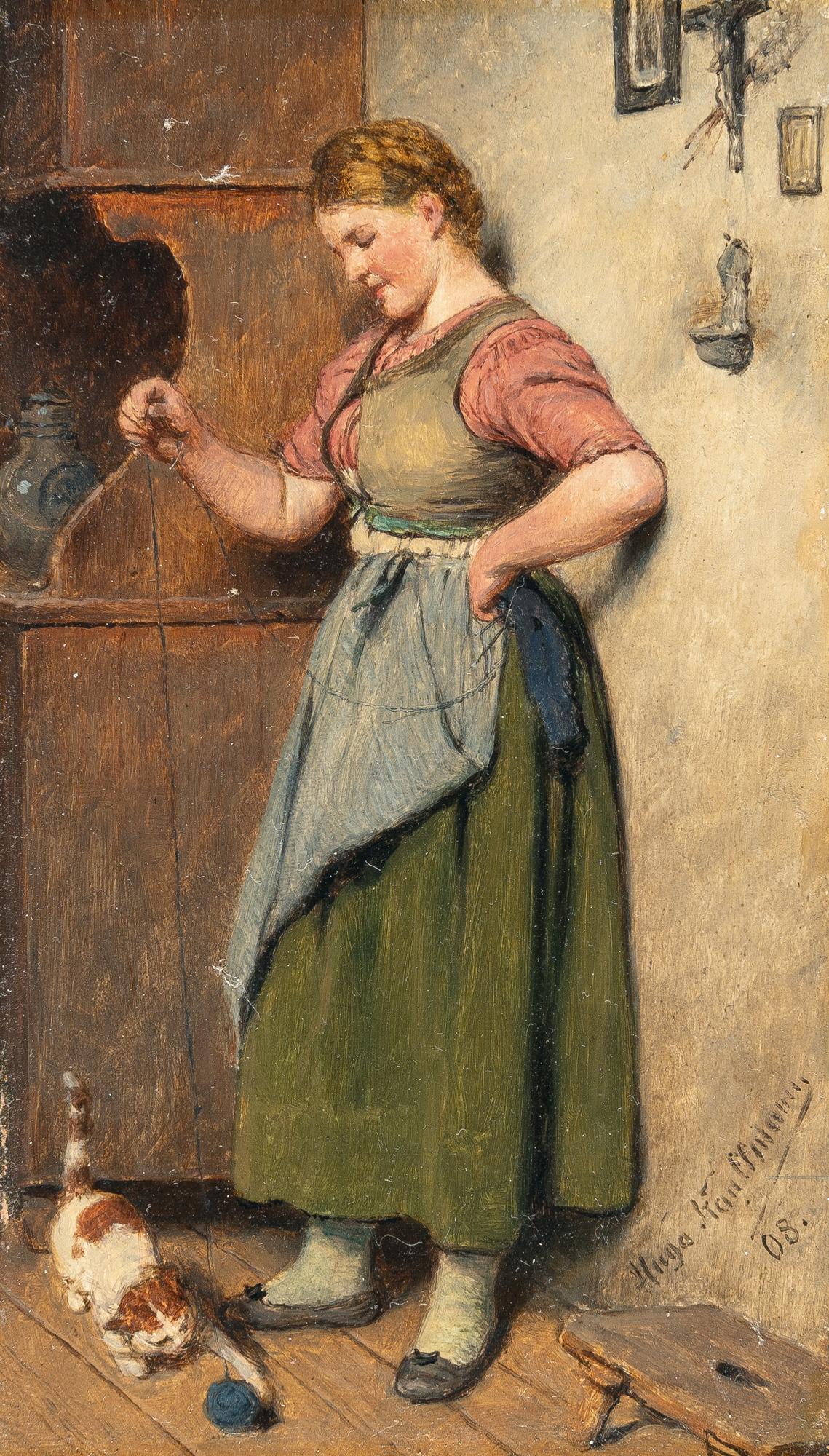 Hugo Kauffmann - Dirndl beim Spiel mit einer Katze