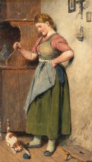 Hugo Kauffmann - Dirndl beim Spiel mit einer Katze