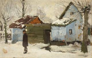 Hugo Mühlig - Bauernhaus im Schnee.