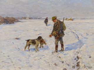 Hugo Mühlig - Bei der Hasenjagd auf winterlich verschneiten Feldern