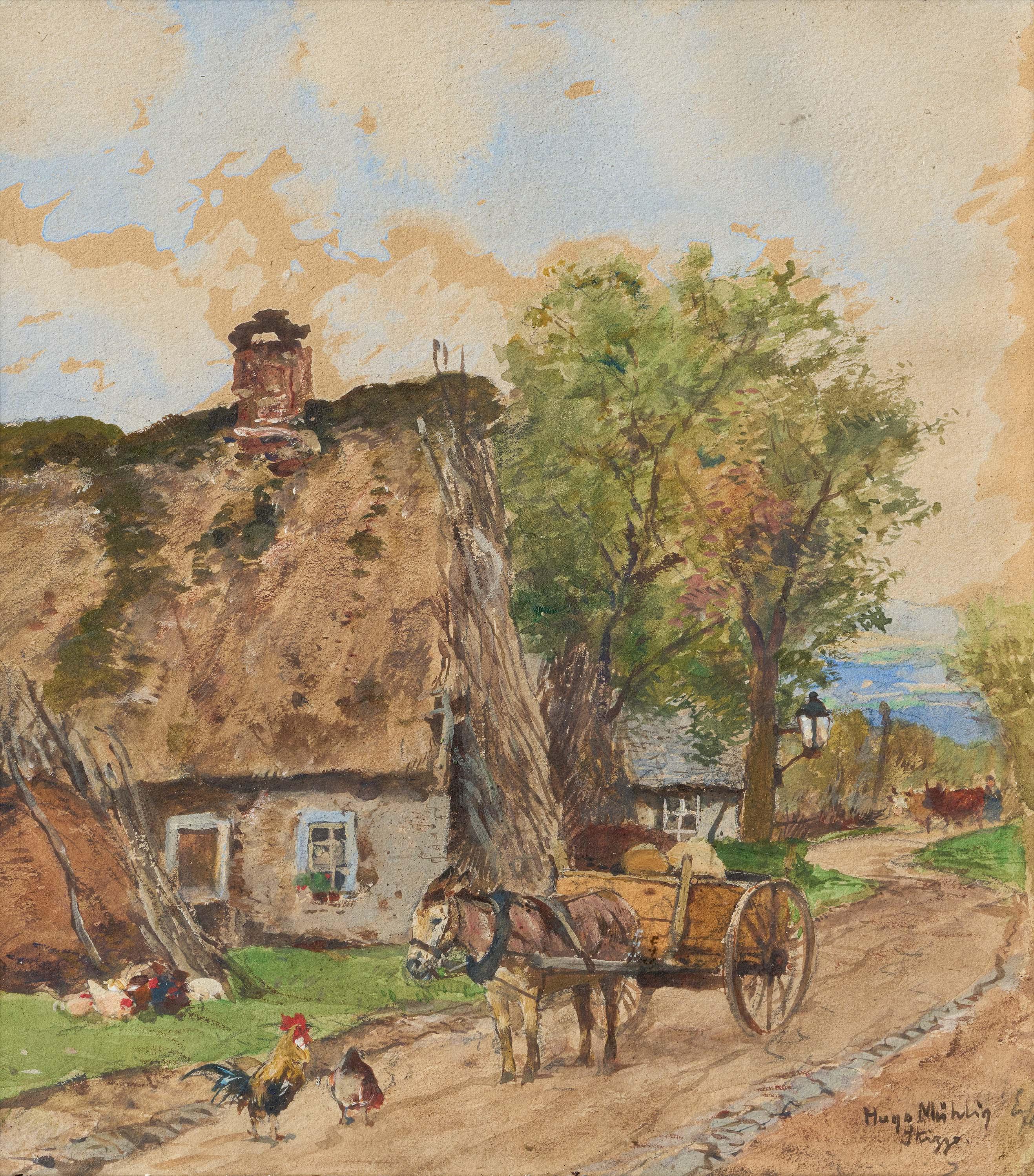 Hugo Mühlig - Dorfstraße mit Eselkarren.