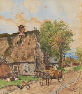 Hugo Mühlig - Dorfstraße mit Eselkarren.