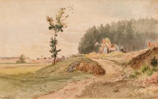 Hugo Mühlig - Heimkehrende Bäuerin auf einem Feldweg am Waldesrand